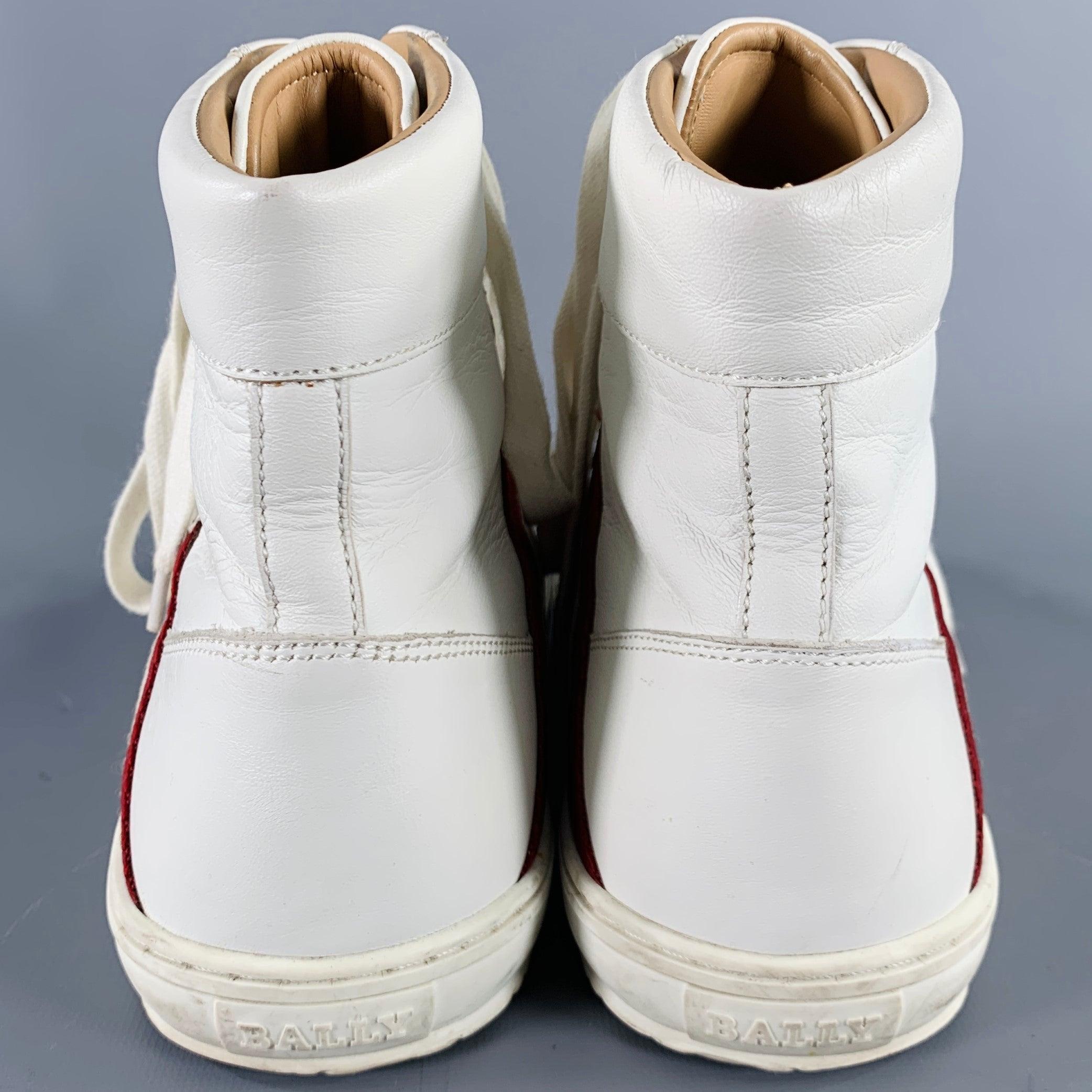 Gray BALLY Size 8.5 -Oldani- White Red Ribbon Trim Leather High Top Sneakers