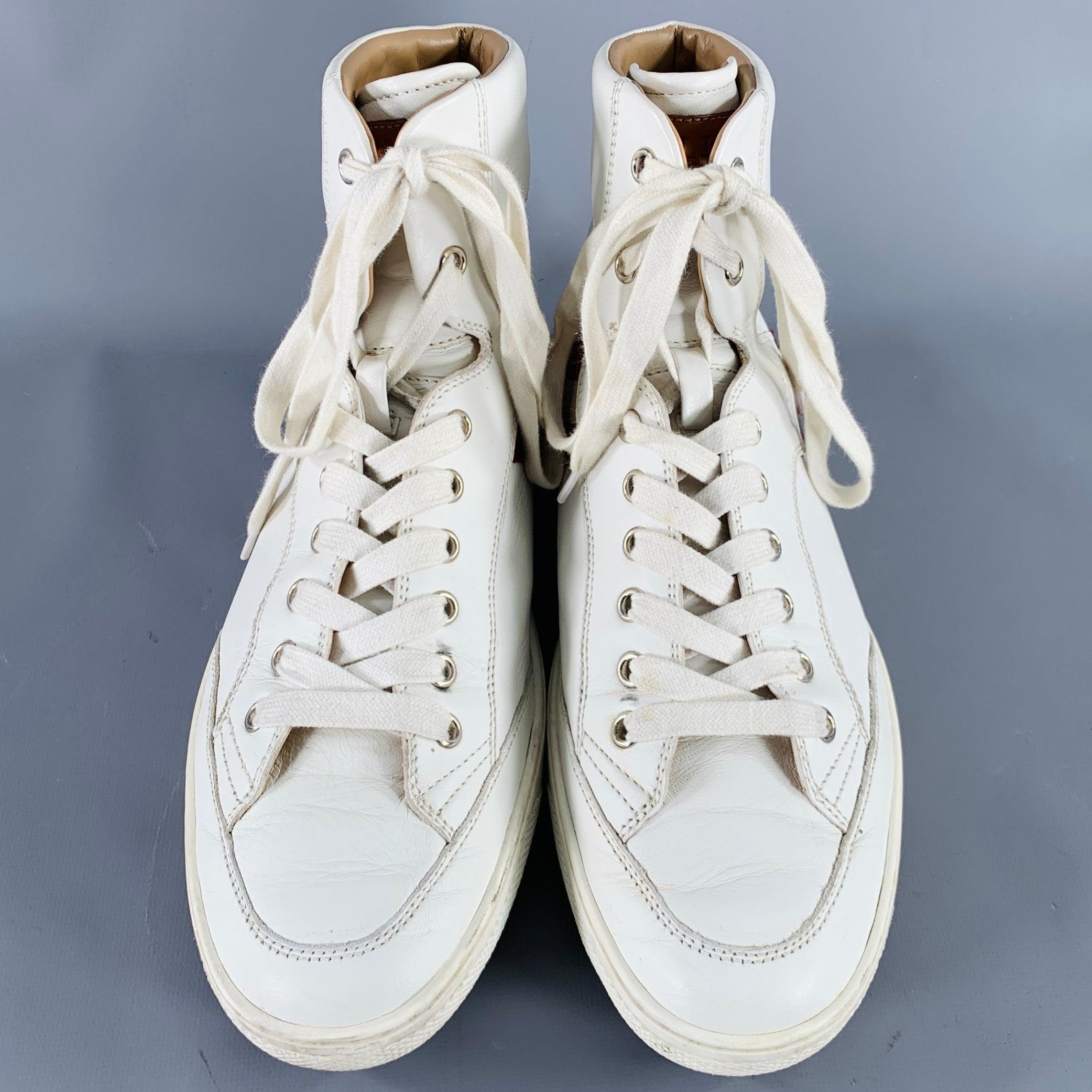 BALLY Size 8.5 -Oldani- White Red Ribbon Trim Leather High Top Sneakers In Good Condition In San Francisco, CA