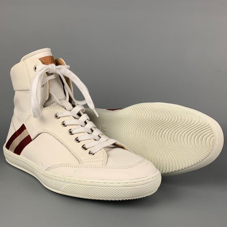 BALLY Size 9 White and Burgundy Stripe Leather High Top Sneakers For Sale  at 1stDibs