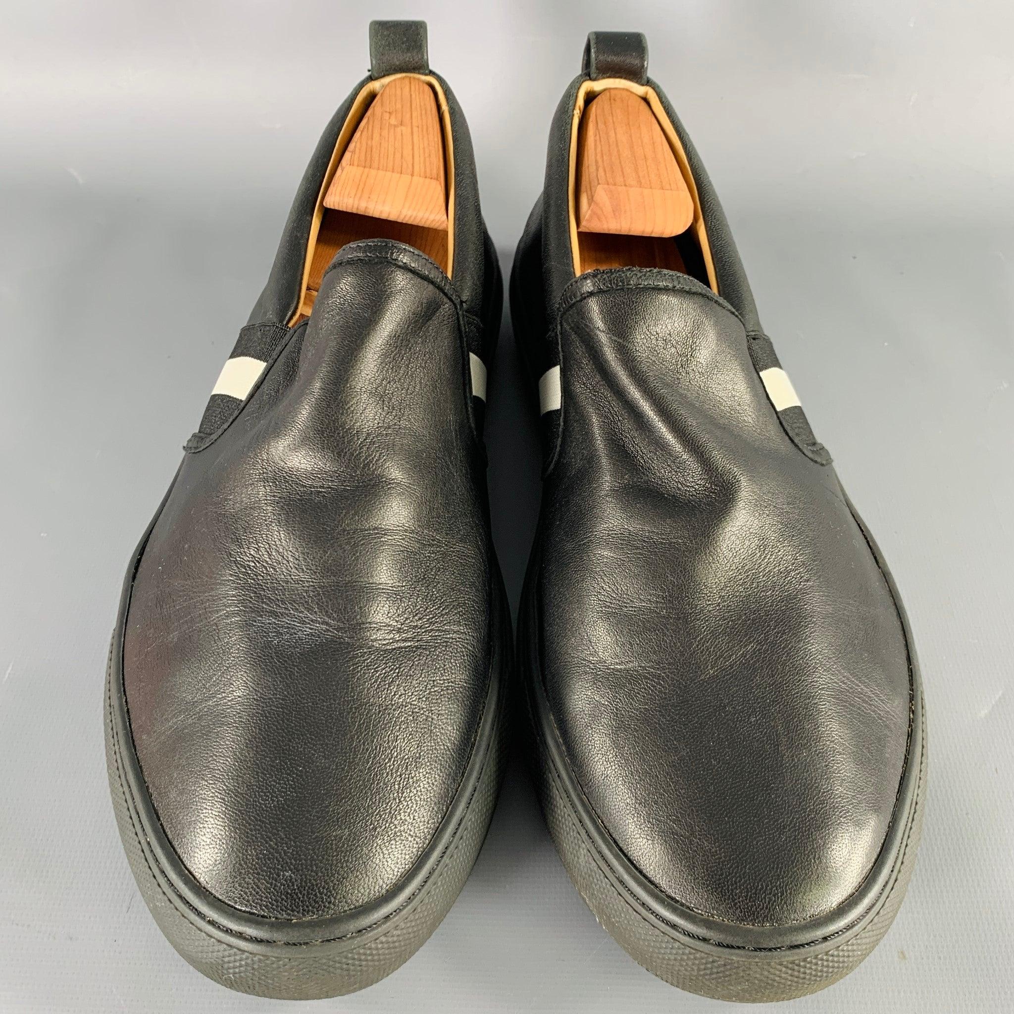 Men's BALLY Size 9.5 Black White Stripe Leather Slip On Loafers For Sale