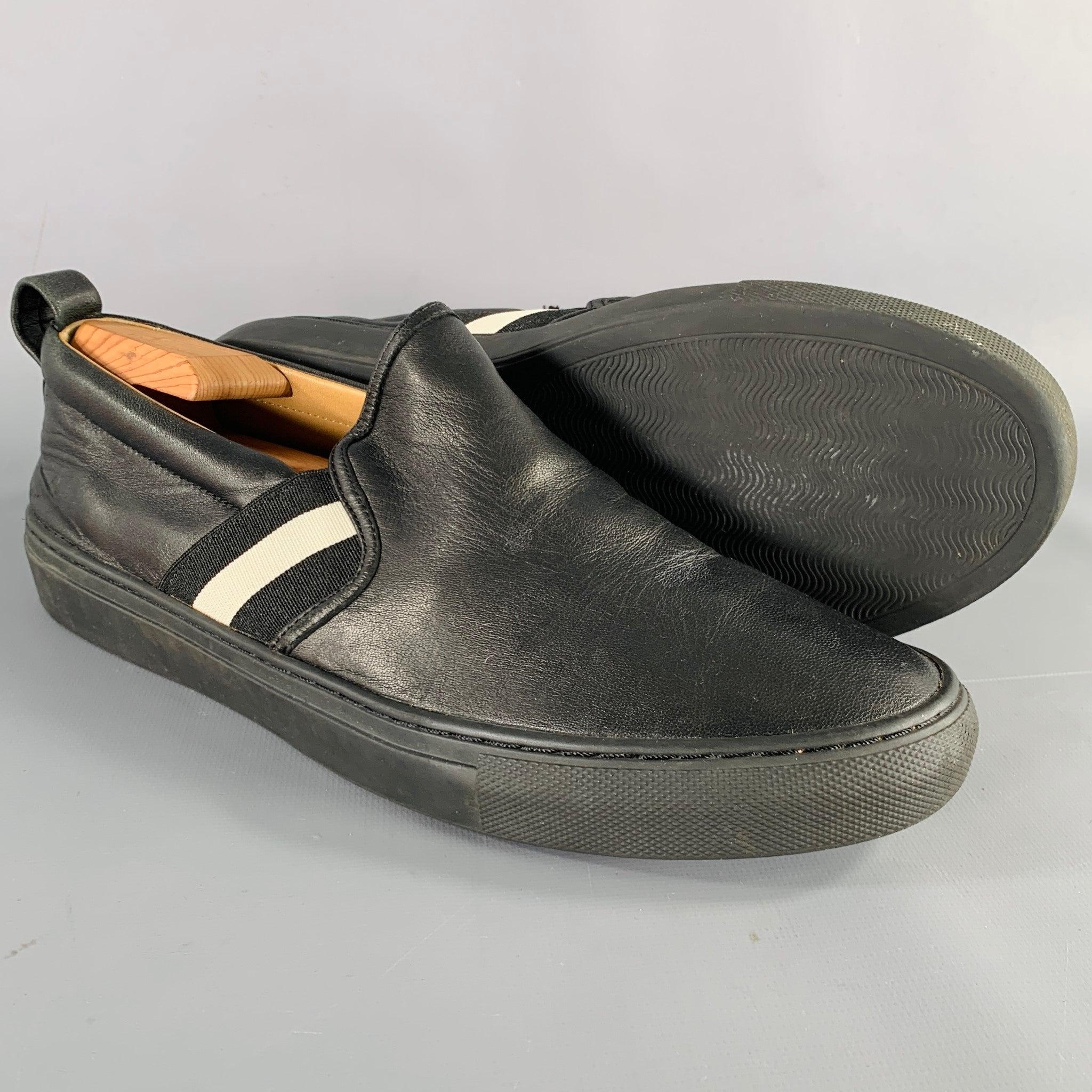 BALLY Size 9.5 Black White Stripe Leather Slip On Loafers For Sale 1