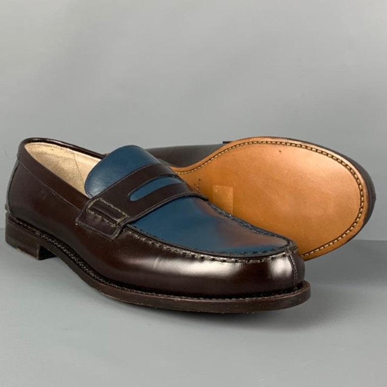 BALLY Size 9.5 Brown Blue Two Toned Leather Slip On Perry Loafers In Good Condition For Sale In San Francisco, CA