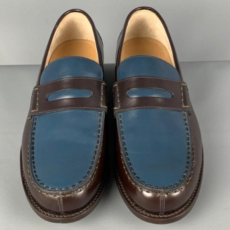 Men's BALLY Size 9.5 Brown Blue Two Toned Leather Slip On Perry Loafers For Sale