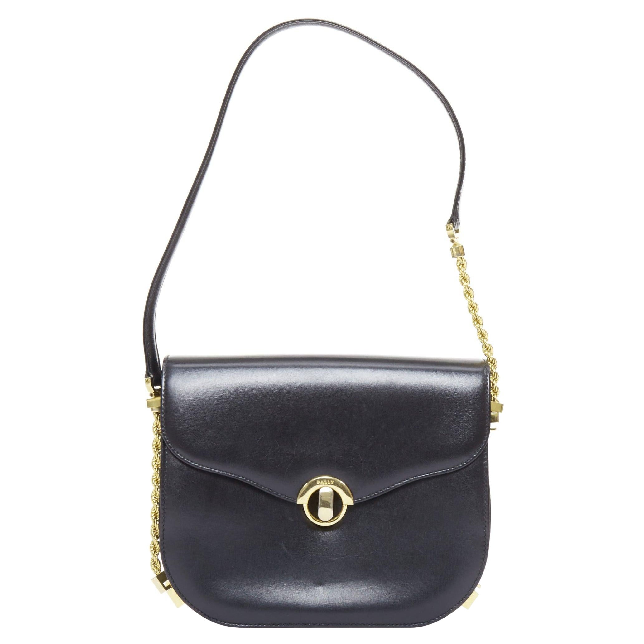 BALLY Vintage, sac à main à rabat en cuir lisse noir et chaîne à fermoir doré