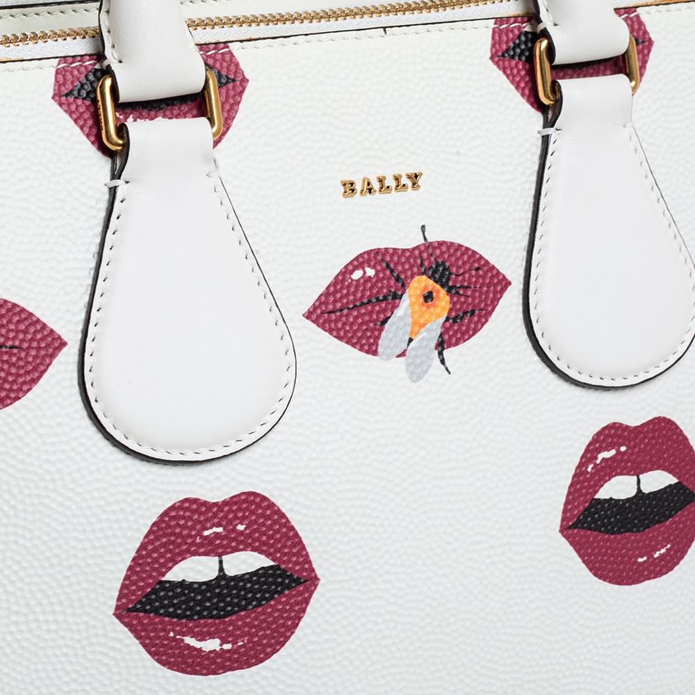 Bally White Lip Print Leather Berkeley Double Zip Tote 4