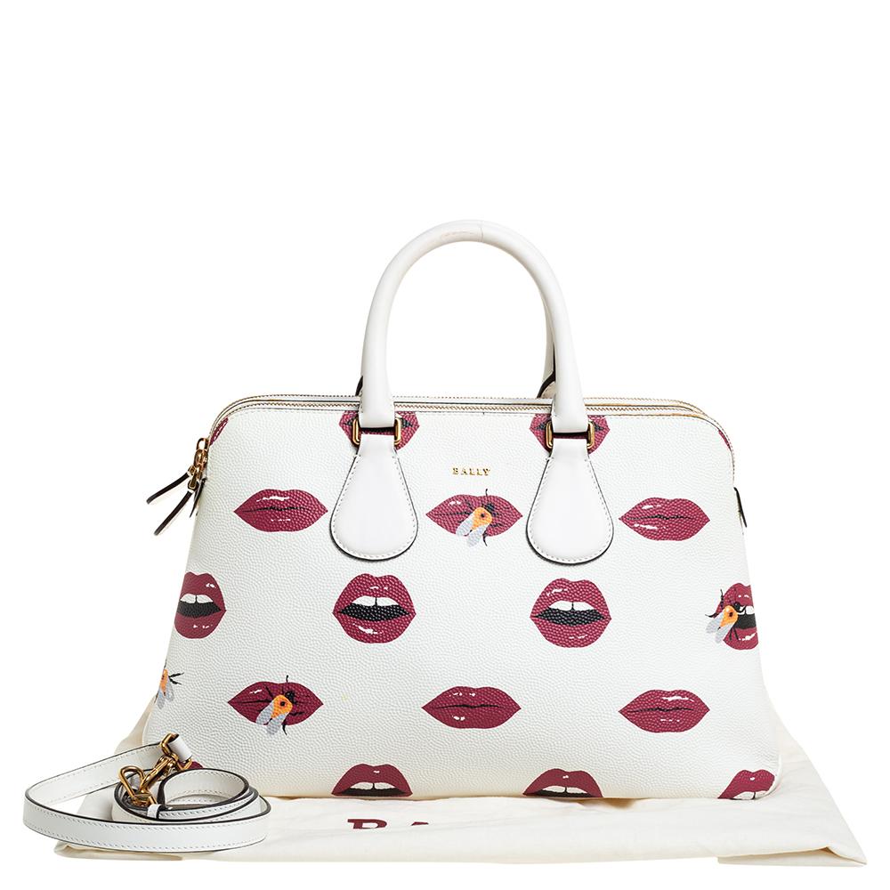 Bally White Lip Print Leather Berkeley Double Zip Tote 1