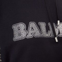BALMA 2024 black crystal logo embellished fringe cropped hoodie sweatshirt XS