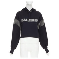 BALMA 2024 black crystal logo embellished fringe cropped hoodie sweatshirt XS