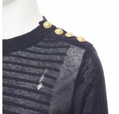 BALMAIN 100% linen navy stripe gold military button distressed sweater XS