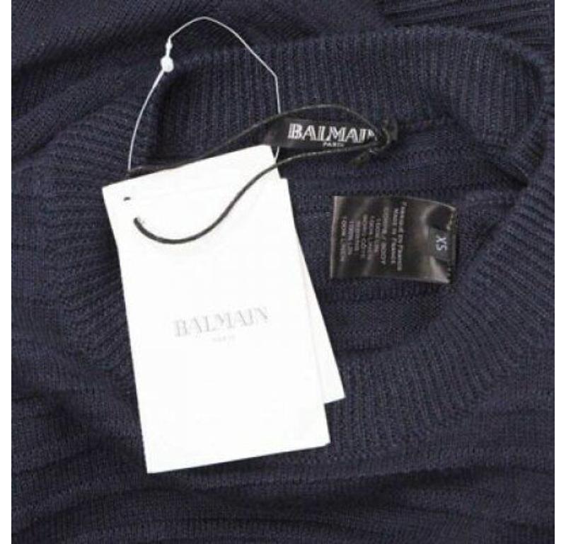 BALMAIN 100% Leinen Marineblauer Streifen Gold Militär Pullover mit Knopfleiste im Used-Look XS im Angebot 4