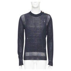 BALMAIN 100% Leinen Marineblauer Streifen Gold Militär Pullover mit Knopfleiste im Used-Look XS