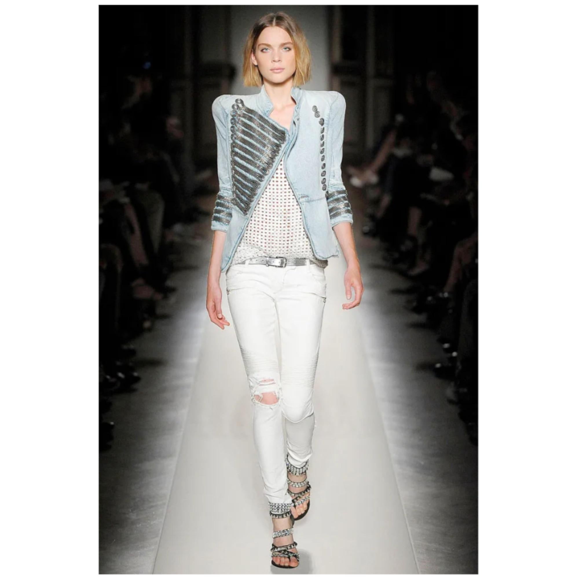 Balmain 2009 Veste iconica FR40 Giacca Militare in Denim di Decarnin UK12 US10 in vendita 2