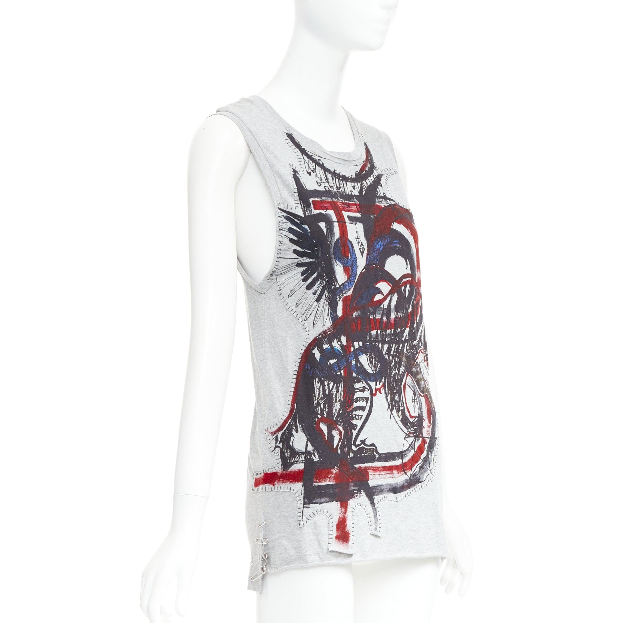 Silver BALMAIN 2011 Christophe Decarnin Punk Graffiti silver pin ripped tank top FR38 M For Sale