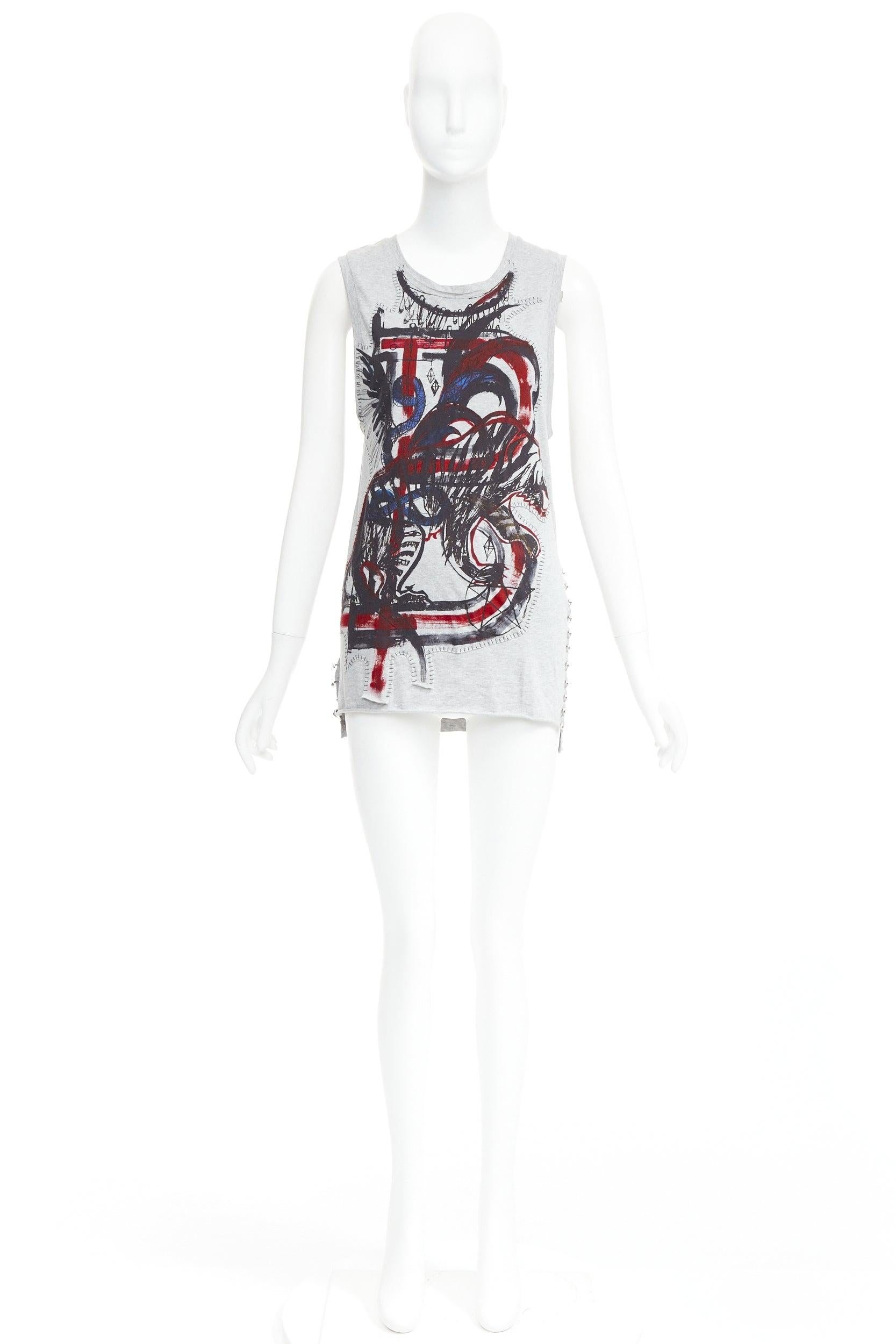 BALMAIN 2011 Christophe Decarnin Punk Graffiti silver pin ripped tank top FR38 M For Sale 4
