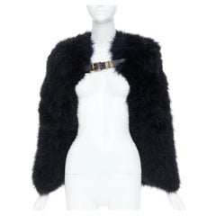 BALMAIN 2014 black turkey feather leather buckle collar cape shrug bolero FR38 M