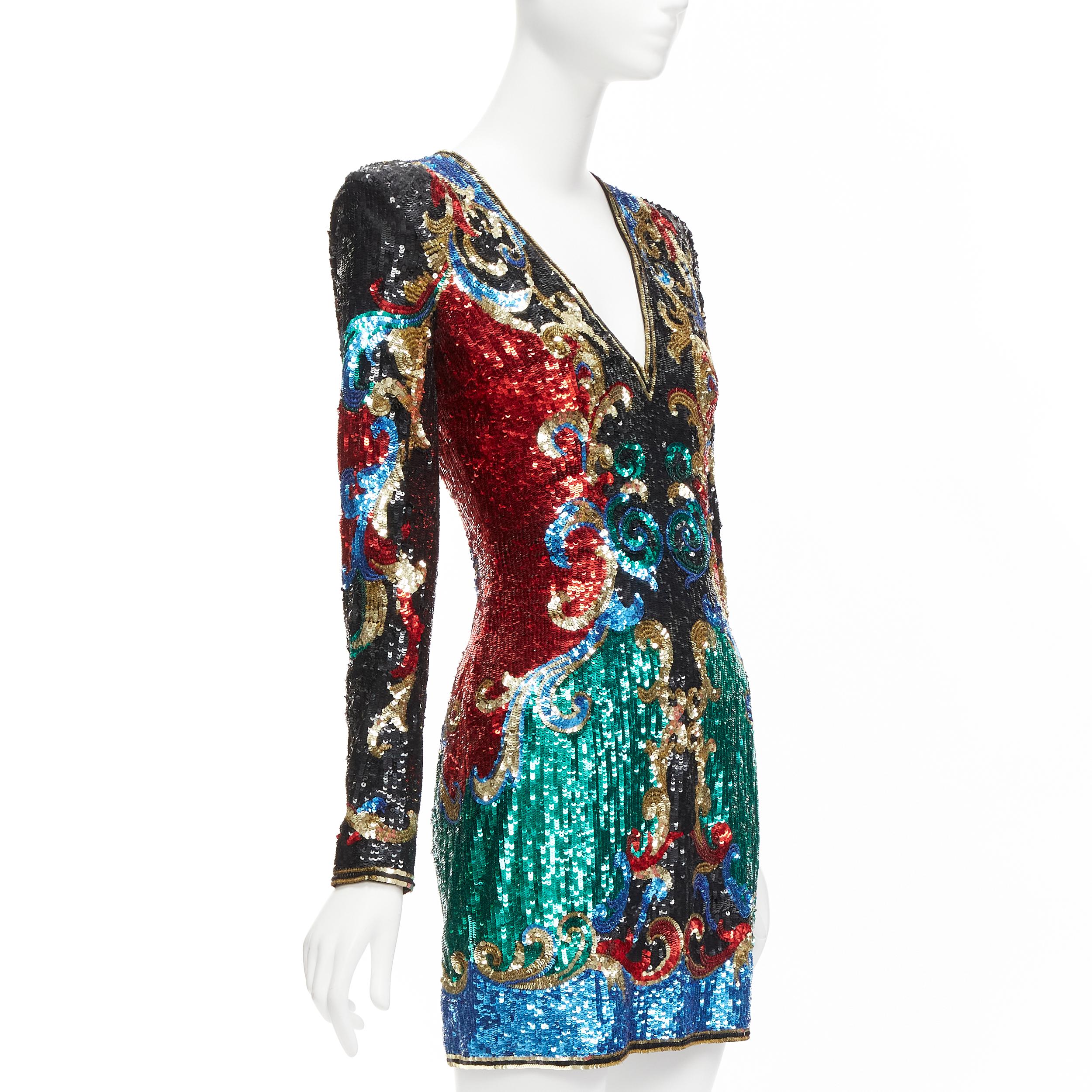 BALMAIN 2016 Runway 1970's baroque sequins V neck mini dress FR36 S Paris Hilton In Excellent Condition In Hong Kong, NT