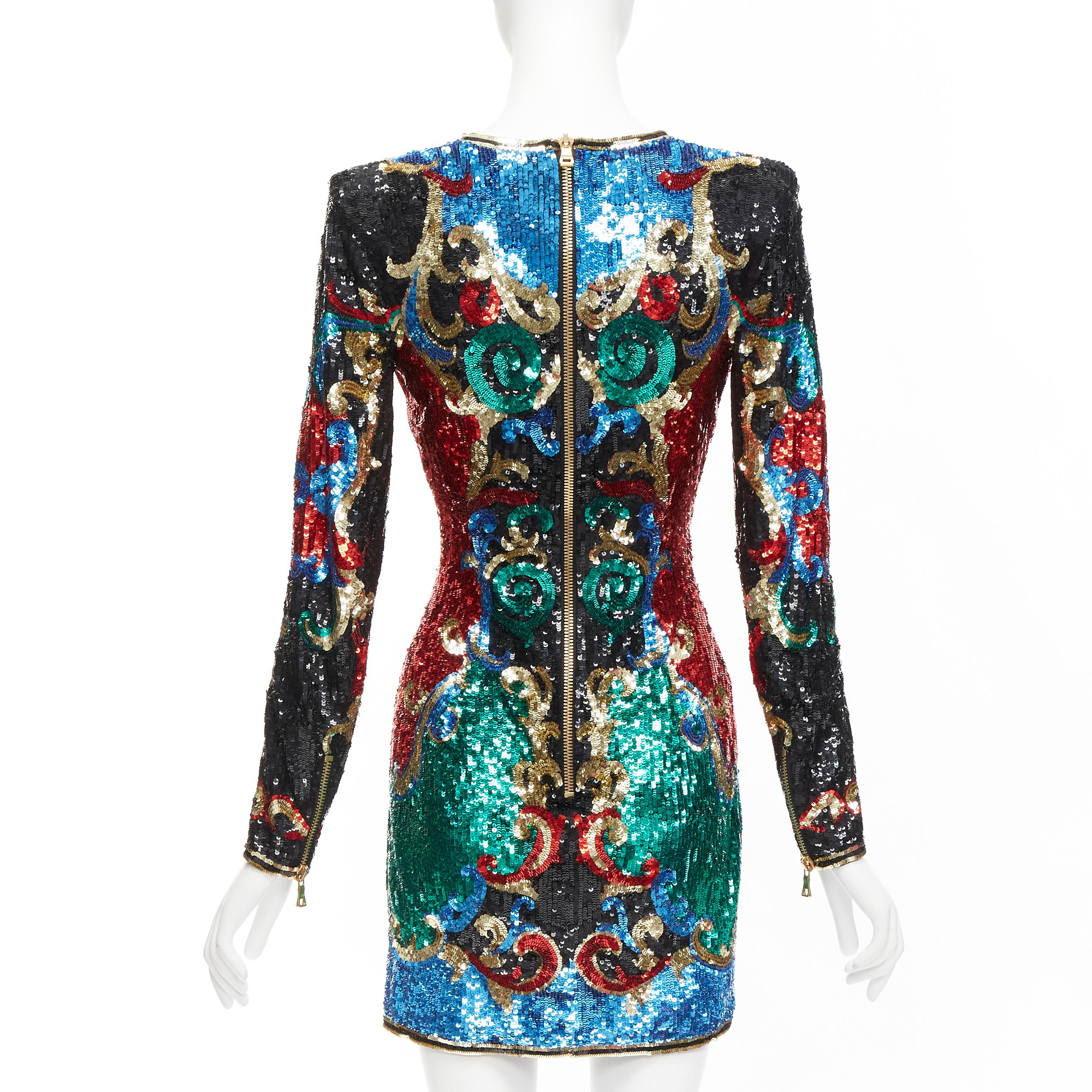 BALMAIN 2016 Runway 1970's baroque sequins V neck mini dress FR36 S Paris Hilton For Sale 1
