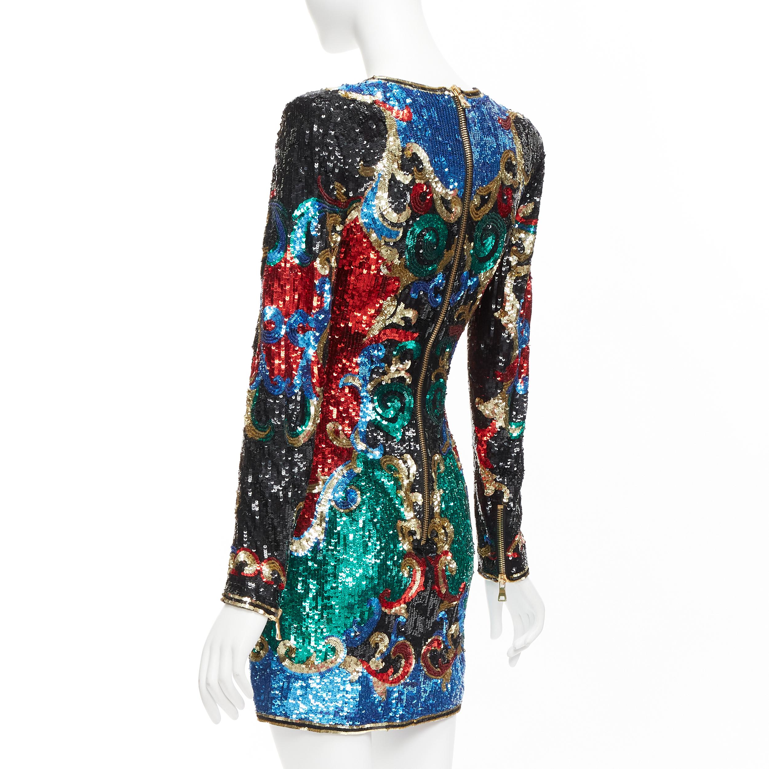 BALMAIN 2016 Runway 1970's baroque sequins V neck mini dress FR36 S Paris Hilton For Sale 2