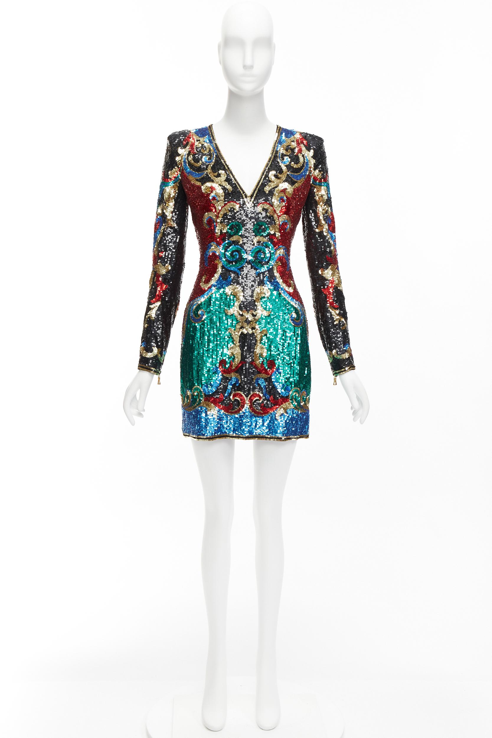 BALMAIN 2016 Runway 1970's baroque sequins V neck mini dress FR36 S Paris Hilton For Sale 5