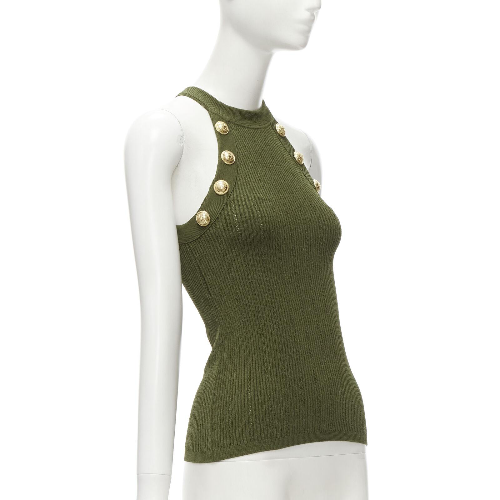 BALMAIN 2021 green viscose knit gold military button halter top FR34 XS In Excellent Condition In Hong Kong, NT