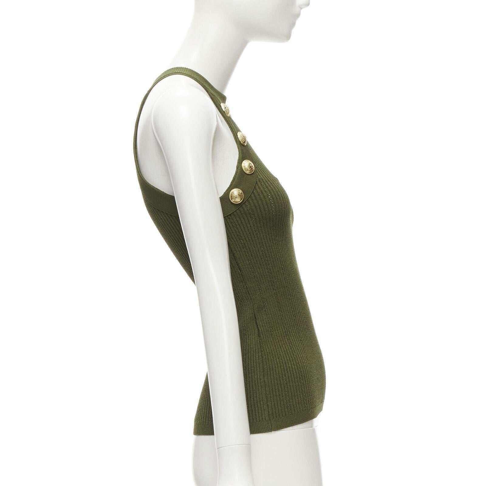 Women's BALMAIN 2021 green viscose knit gold military button halter top FR34 XS