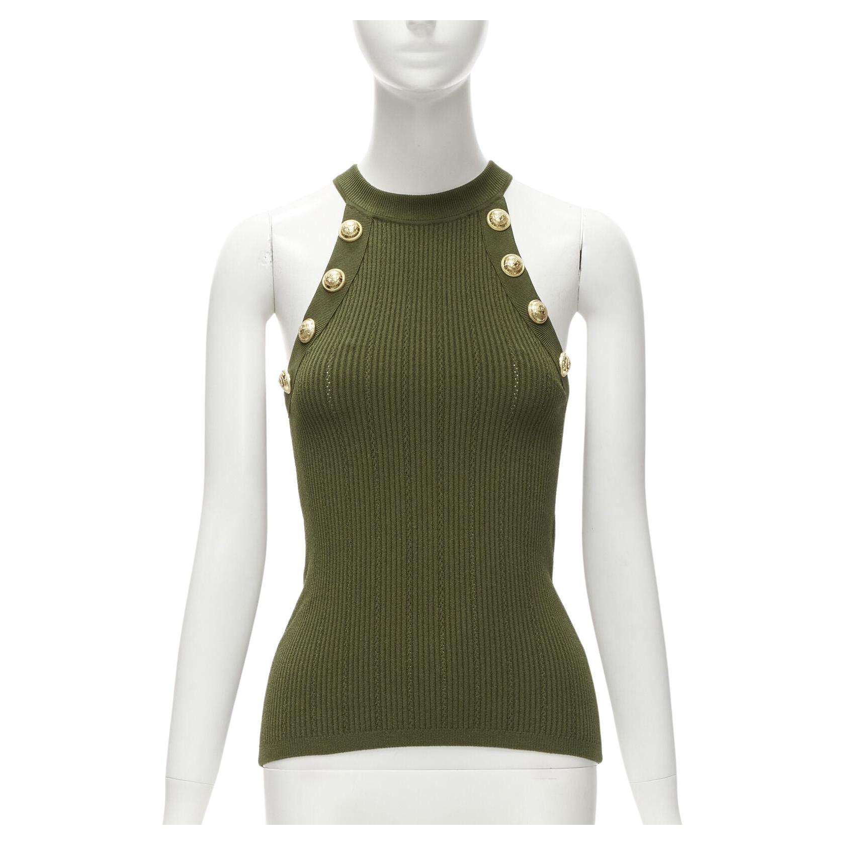 BALMAIN 2021 green viscose knit gold military button halter top FR34 XS