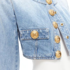 BALMAIN 2022 blue washed denim gold buttons cropped power jacket FR34 XS