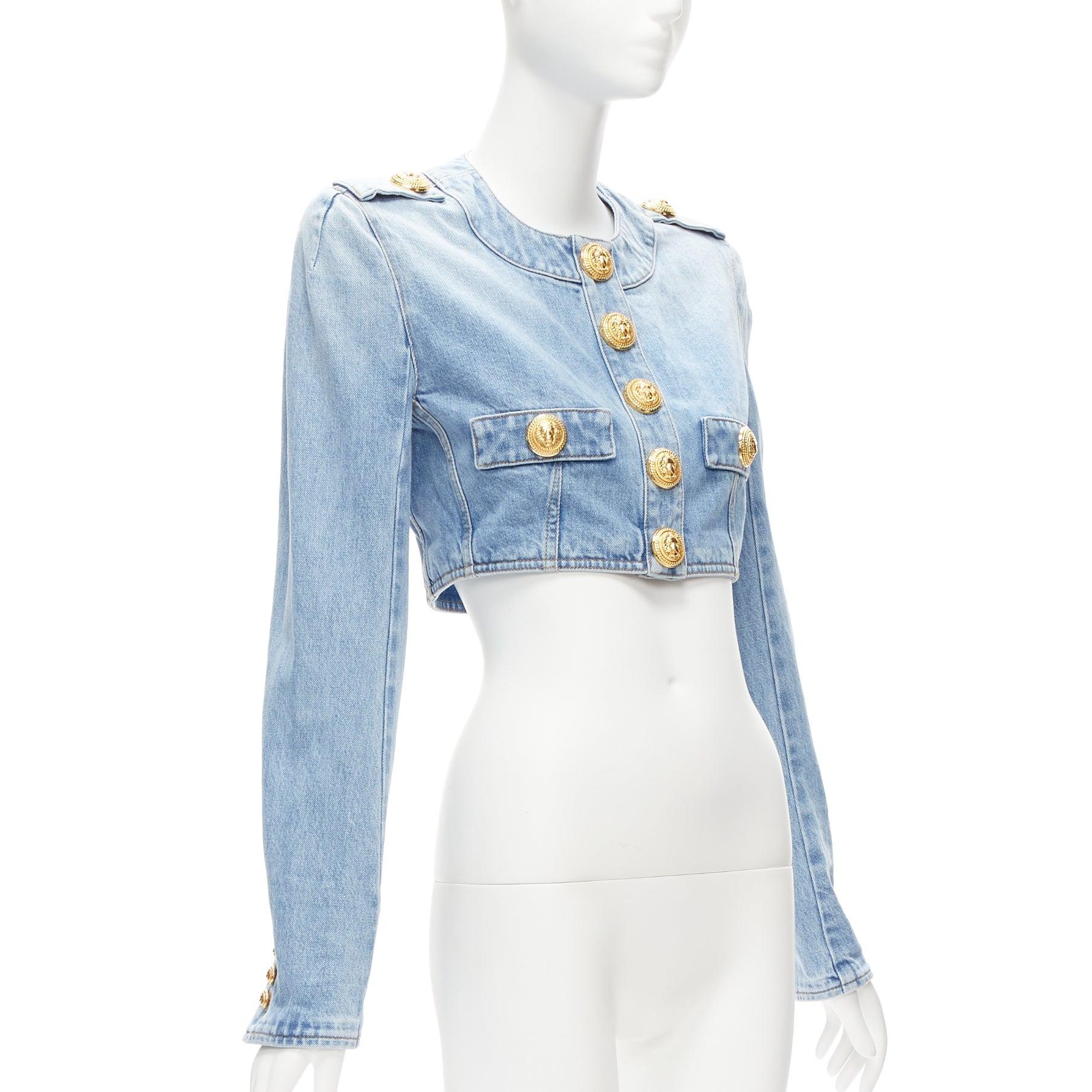 BALMAIN 2022 blue washed denim gold buttons cropped power jacket FR34 XS In Excellent Condition In Hong Kong, NT