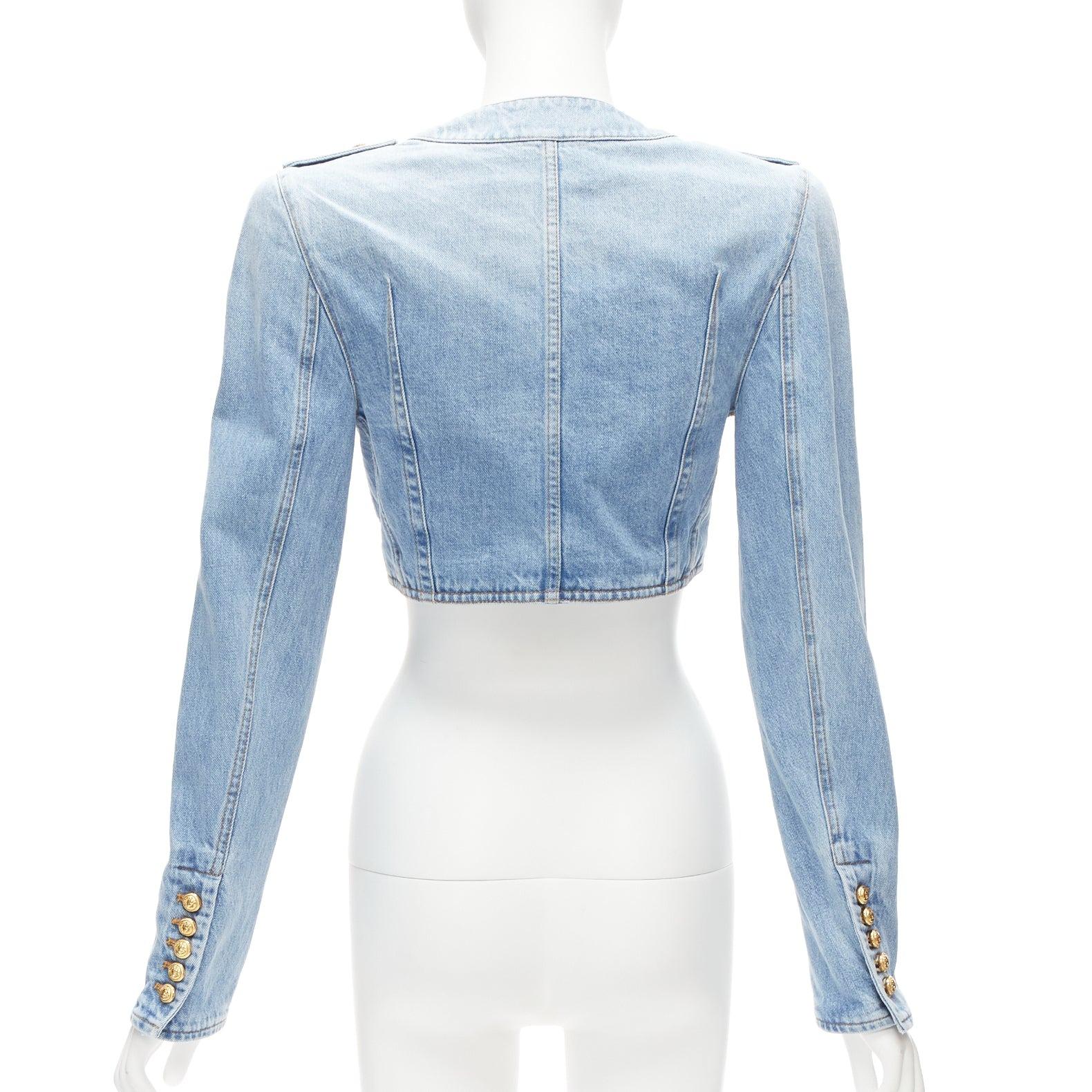 BALMAIN 2022 blue washed denim gold buttons cropped power jacket FR34 XS 1