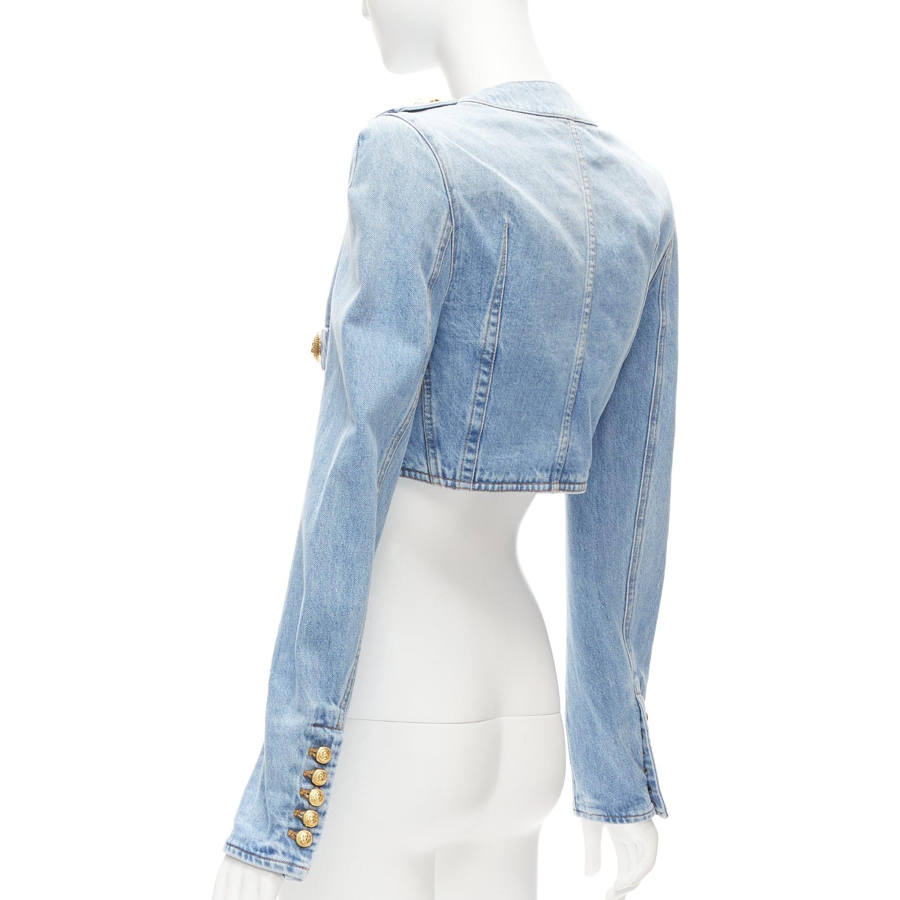 BALMAIN 2022 blue washed denim gold buttons cropped power jacket FR34 XS 2
