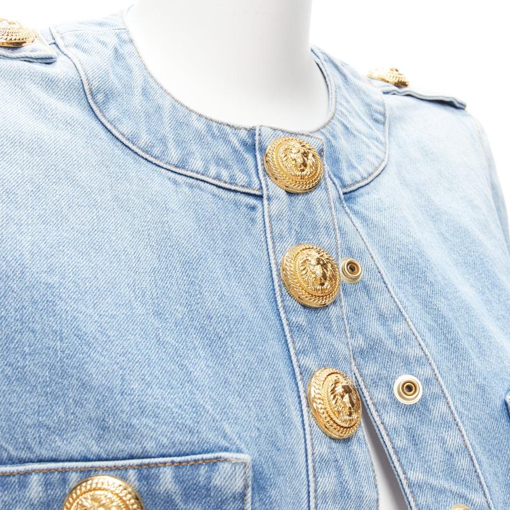 BALMAIN 2022 blue washed denim gold buttons cropped power jacket FR34 XS 3