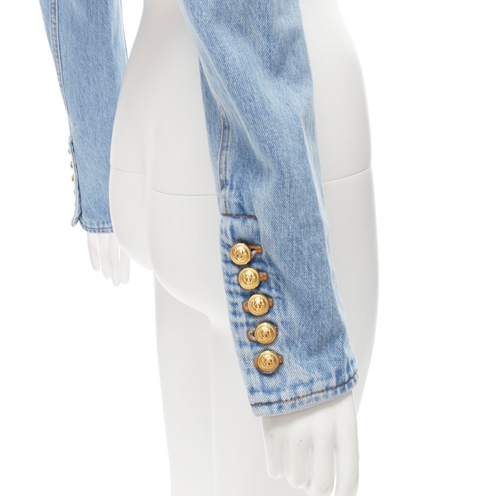 BALMAIN 2022 blue washed denim gold buttons cropped power jacket FR34 XS 4