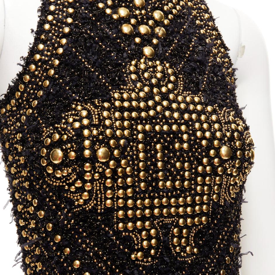 BALMAIN 2022 gold black boucle tweed gold stud embellished Labyrinth mini dress FR34 XS
Reference: AAWC/A01081
Brand: Balmain
Designer: Olivier Rousteing
Collection: Resort 2022
Material: Polyamide, Blend
Color: Black, Gold
Pattern: Studded
Closure: