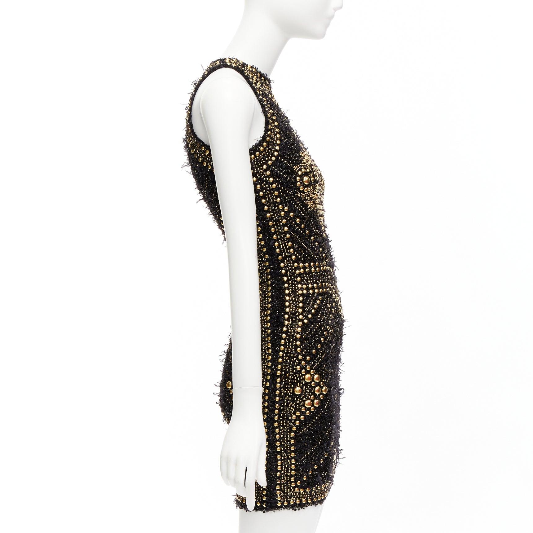 Women's BALMAIN 2022 gold boucle tweed stud embellished Labyrinth mini dress FR34 XS