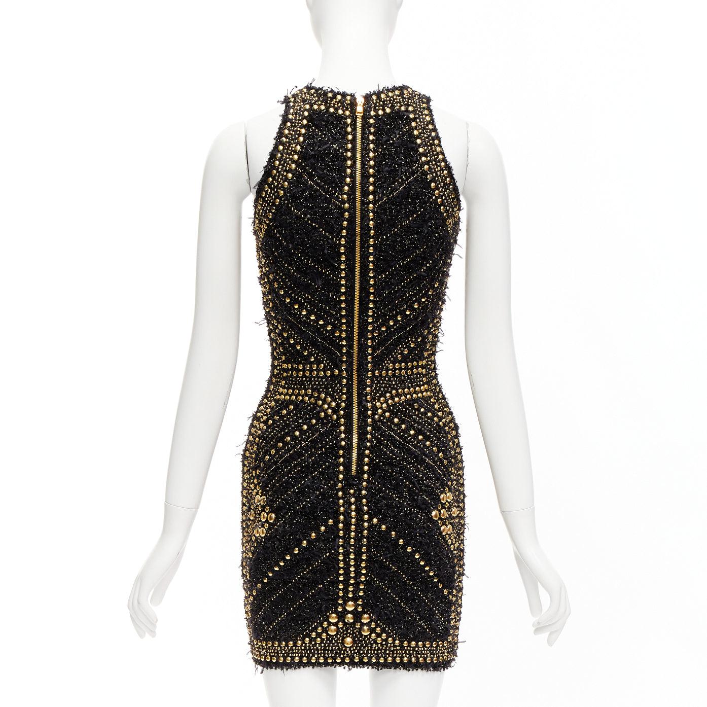 BALMAIN 2022 gold boucle tweed stud embellished Labyrinth mini dress FR34 XS For Sale 1