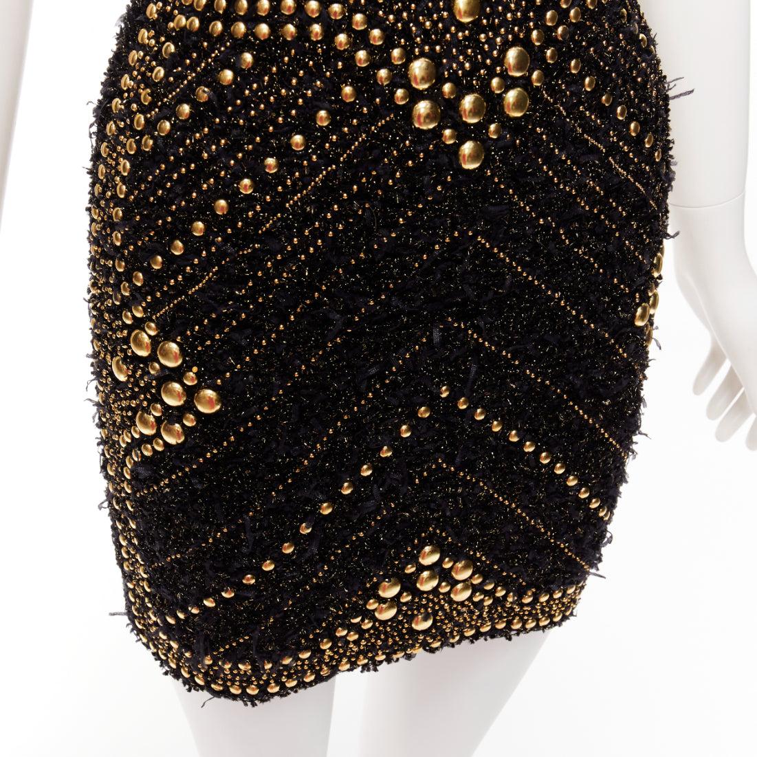 BALMAIN 2022 gold boucle tweed stud embellished Labyrinth mini dress FR34 XS For Sale 3