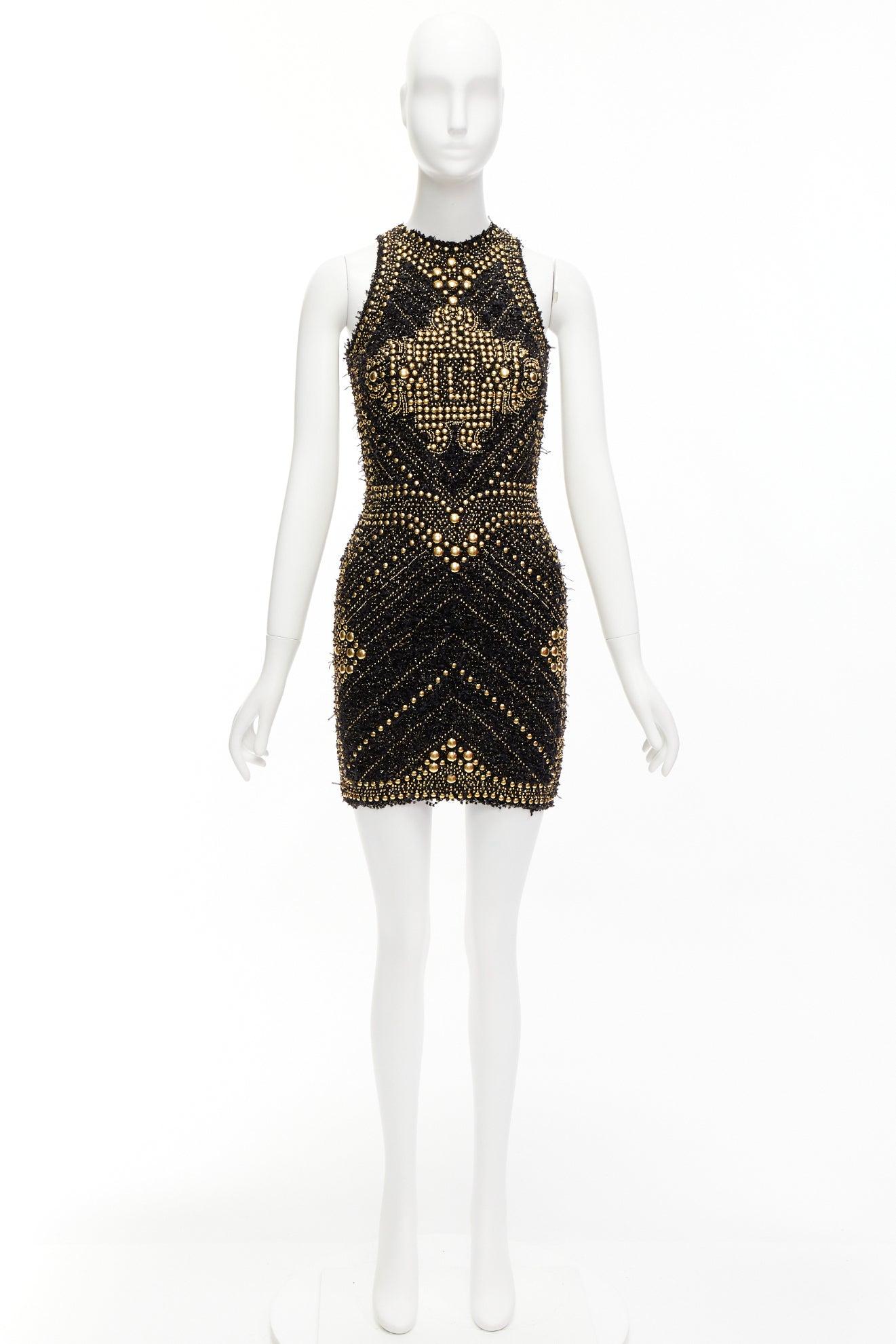 BALMAIN 2022 gold boucle tweed stud embellished Labyrinth mini dress FR34 XS For Sale 5