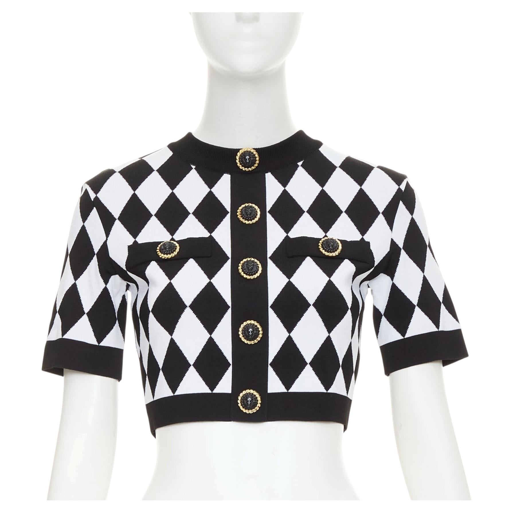 Pre-owned Balmain 2022 Harlequin Diamond Check Gold Lion Buttons Short Sleeve Crop Sweater In Gray