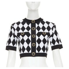 BALMAIN 2022 Harlequin diamond check gold lion buttons short sleeve crop sweater