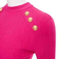 BALMAIN 2022 hot fuschia viscose gold buttons ribbed crew pullover sweater FR36