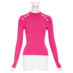 BALMAIN 2022 hot fuschia viscose gold buttons ribbed crew pullover sweater FR36