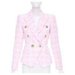 BALMAIN 2022 pink houndstooth frayed tweed double breasted fitted blazer FR34 XS