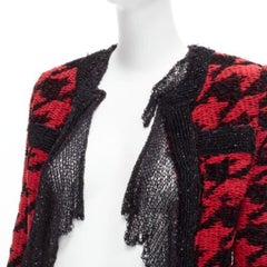 BALMAIN 2022 red black houndstooth destroyed pointelle knit mesh jacket FR34 XS