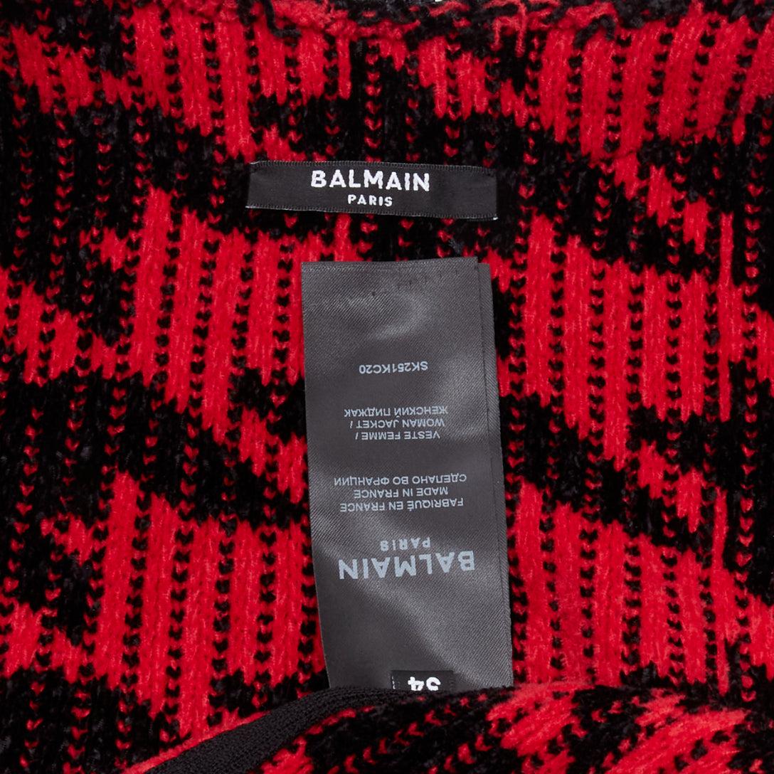 BALMAIN 2022 red black houndstooth destroyed pointelle knit mesh jacket FR34 XS For Sale 3