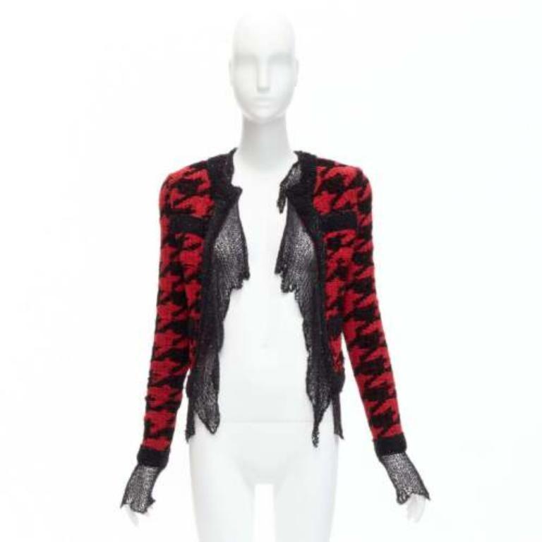BALMAIN 2022 rojo negro pata de gallo destruido punto de malla chaqueta FR34 XS en venta 4