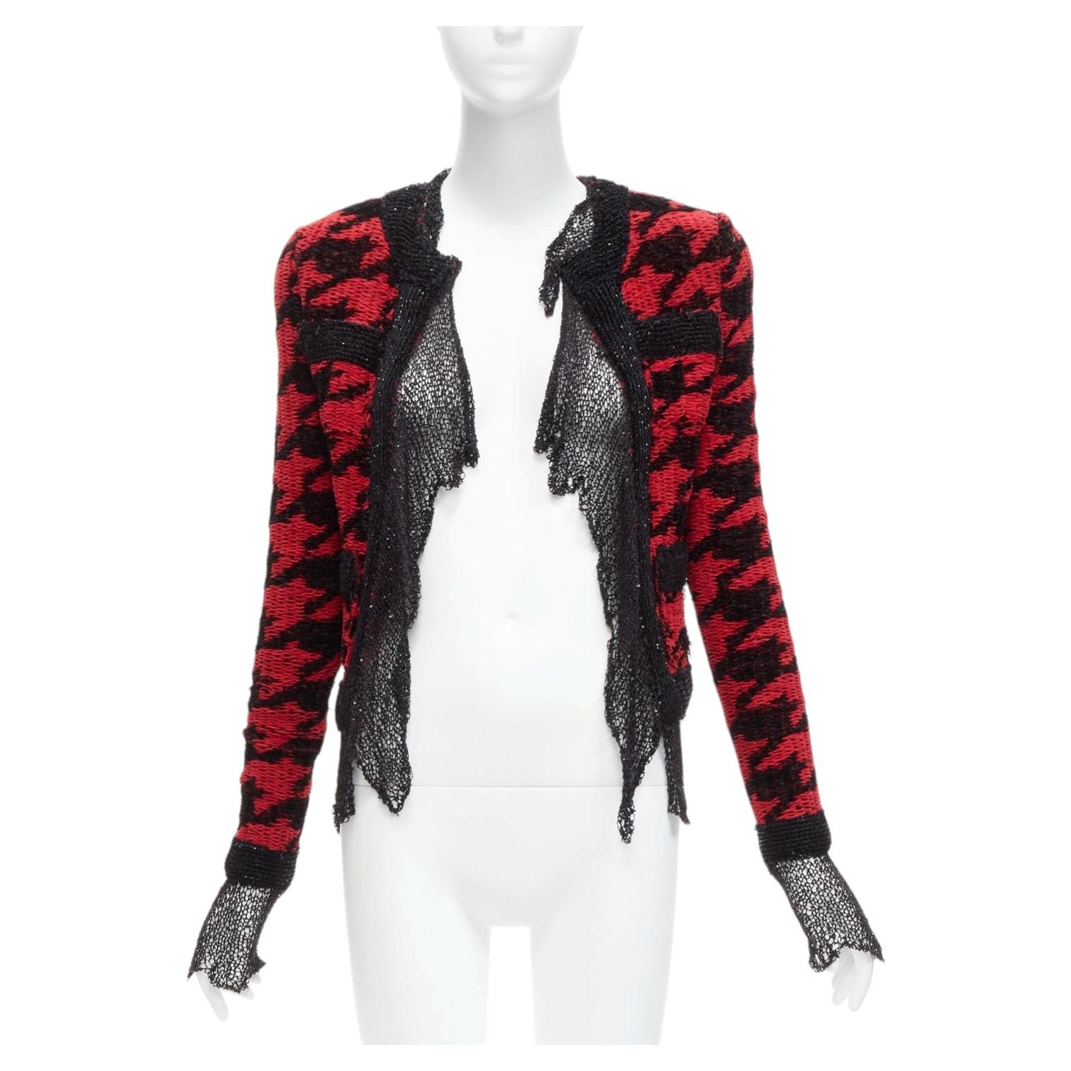 BALMAIN 2022 red black houndstooth destroyed pointelle knit mesh jacket FR34 XS