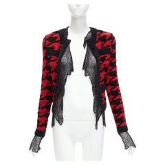 BALMAIN 2022 red black houndstooth destroyed pointelle knit mesh jacket FR34 XS