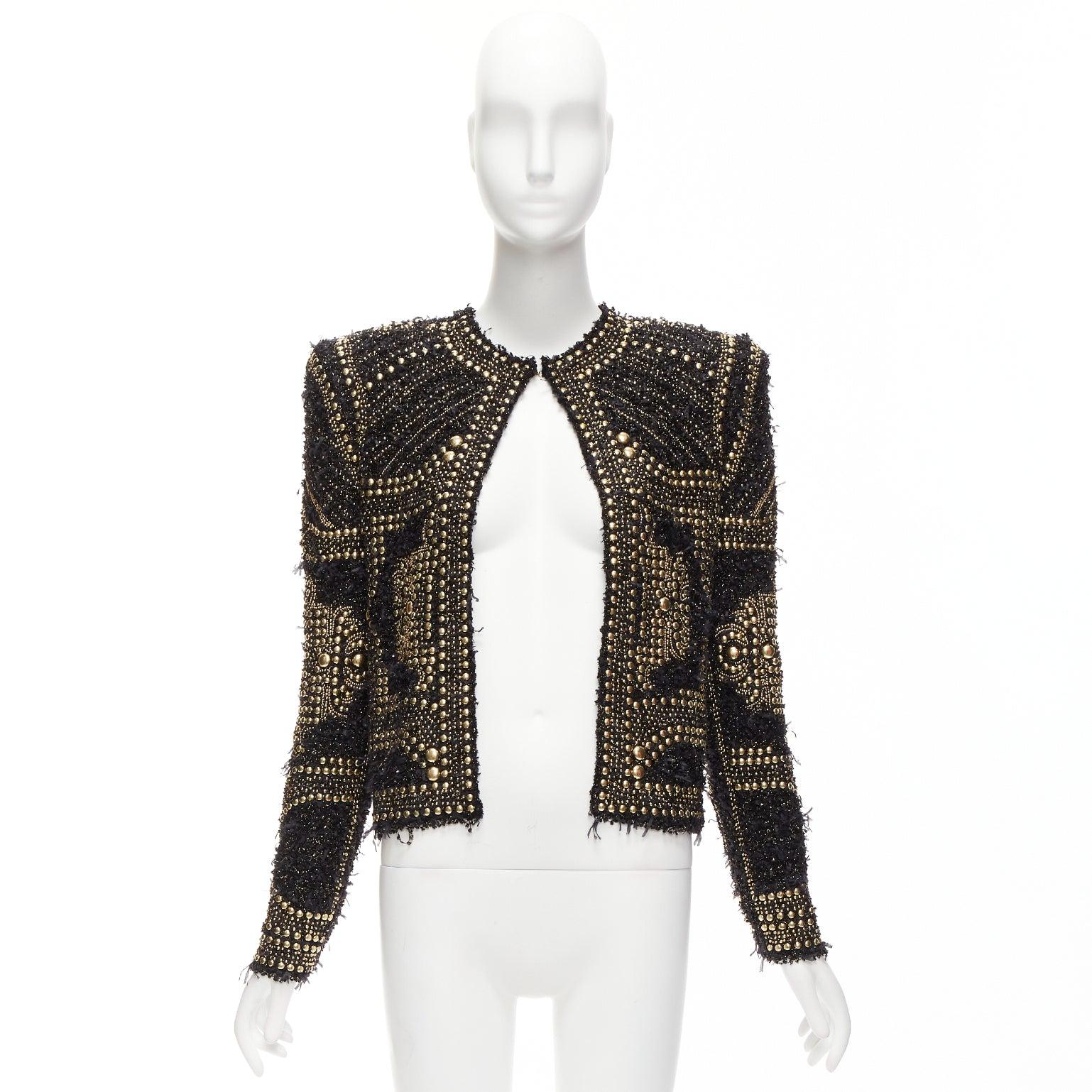 BALMAIN  2022gold black boucle tweed gold studded power shoulder jacket FR34 XS For Sale 6