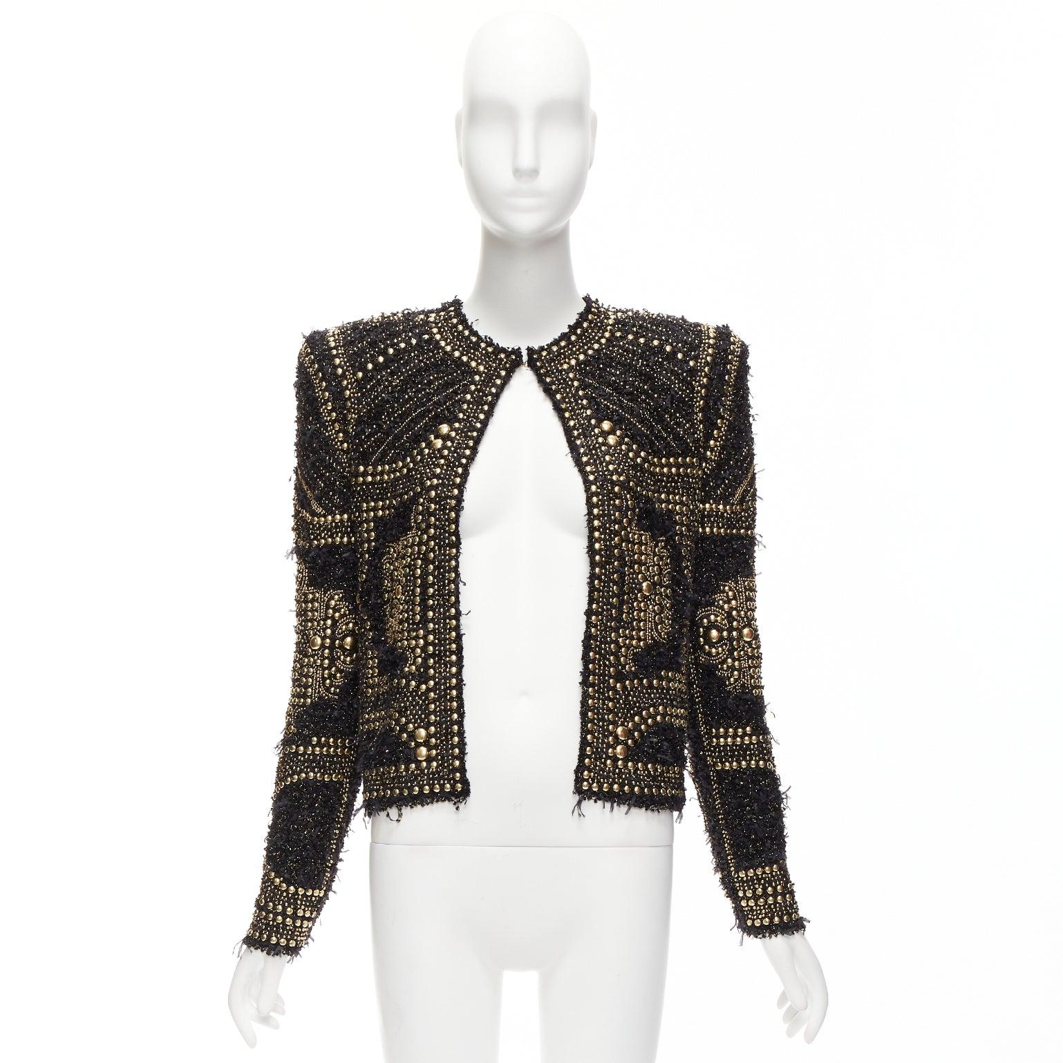 BALMAIN  2022gold black boucle tweed gold studded power shoulder jacket FR34 XS For Sale 5