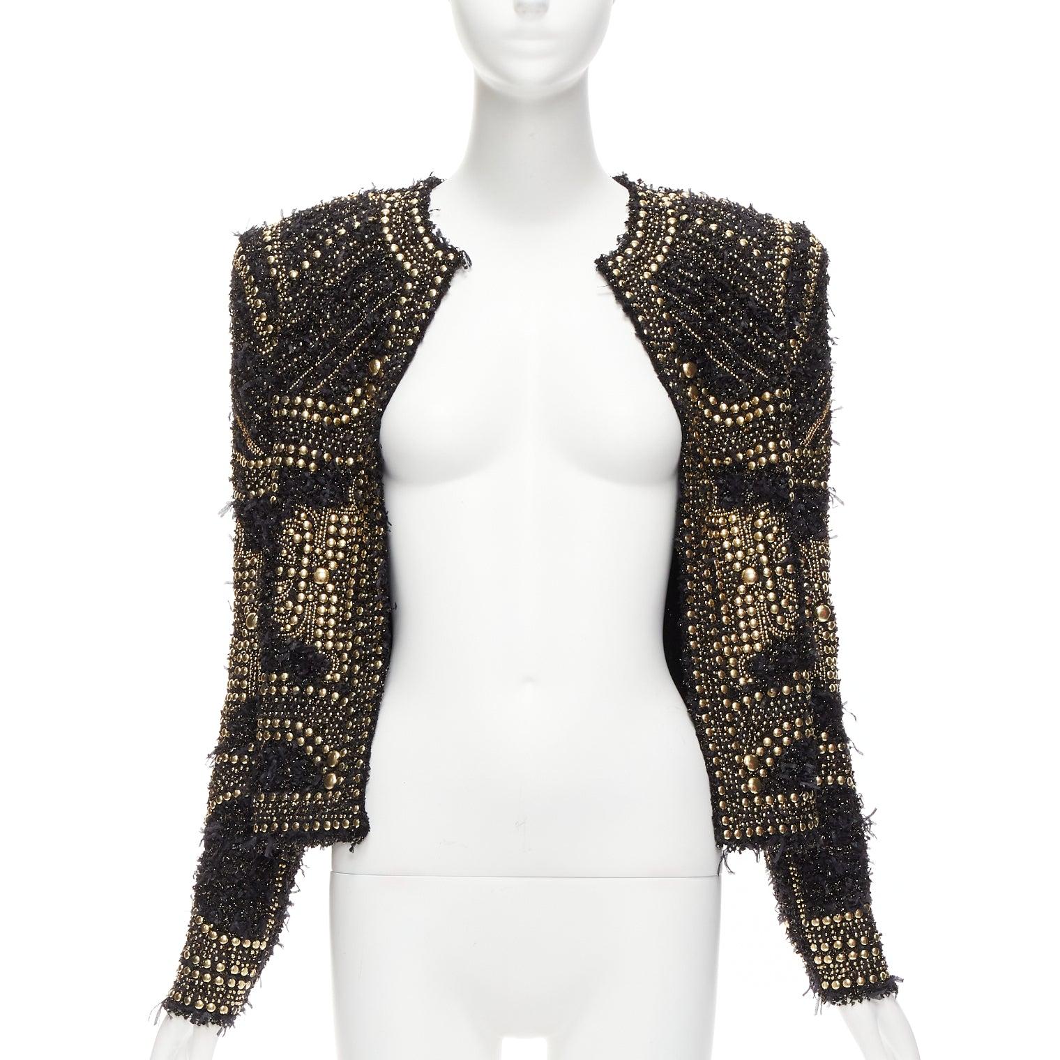 Black BALMAIN  2022gold black boucle tweed gold studded power shoulder jacket FR34 XS For Sale